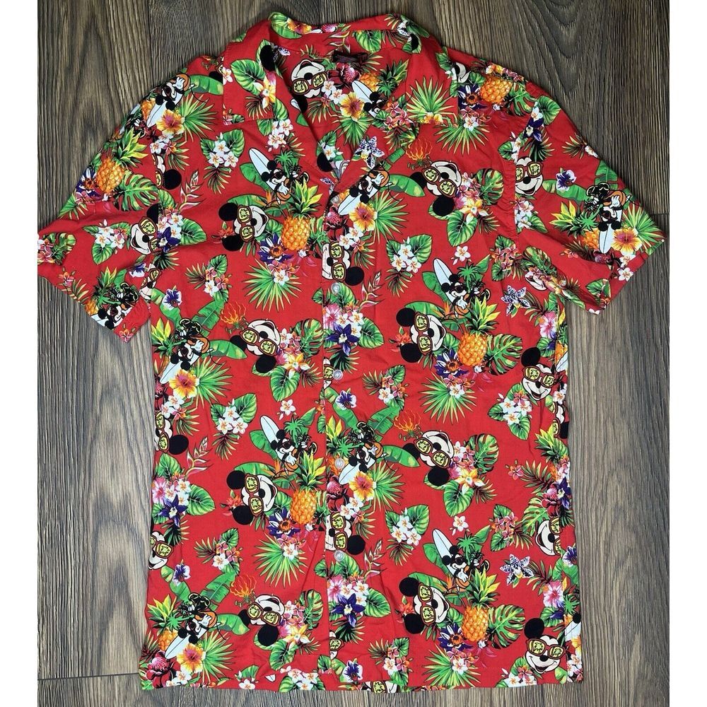 Disney Mickey‎ Mouse Guitar Red Hawaiian Shirt Short Sleeve Button Up Summer M